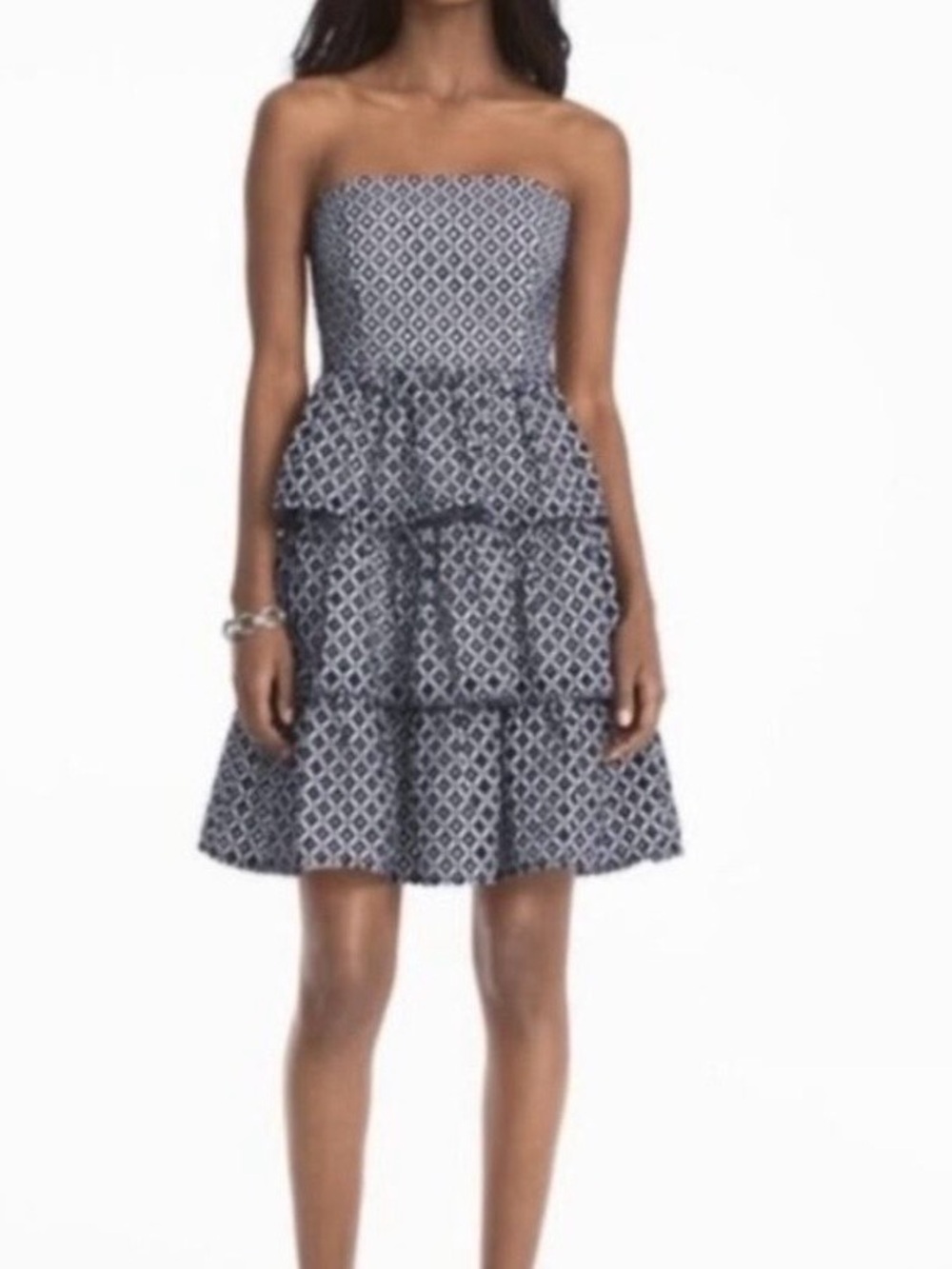 White House Black Market Navy White Strapless Tiered Eyelet Dress Cocktail